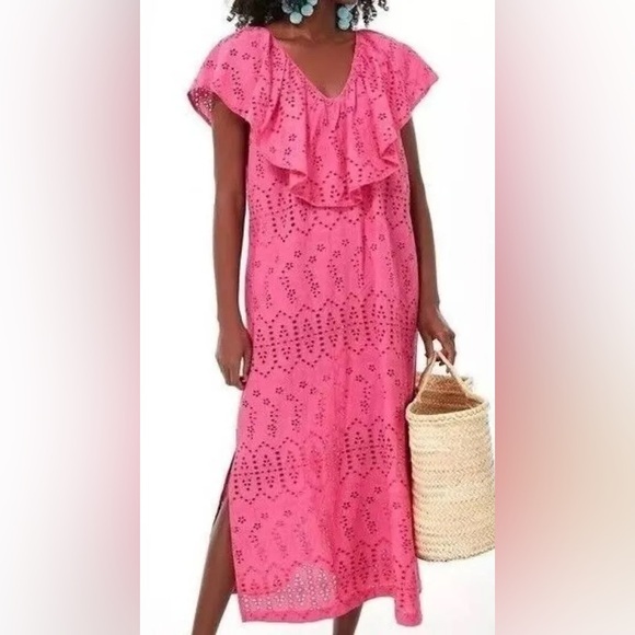 NWT Tuckernuck Fuchsia Pink Eyelet Ruffle Midi Dress size XS - Picture 1 of 10